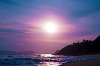 月亮 天空 海 海洋 黑暗的 山 景观 树木 沙 明亮的