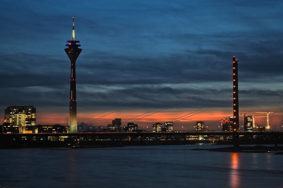 桥, Rheinbrücke, 天堂, 莱茵河, 杜塞尔多夫, 流动, 建筑学