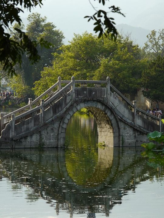 中国 桥 老的 流动 水 建筑学 树木 反射