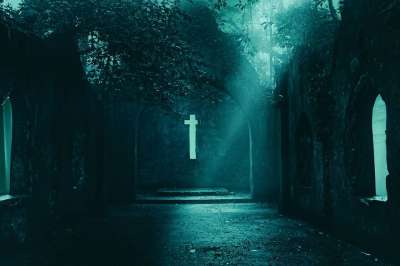 教会 废墟 万圣节 背景 叉 可怕的 黑暗的 夜晚 神秘 树木