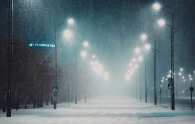 街道 雪 多雾路段 夜晚 灯 冬天 寒冷的 降雪 冰 霜