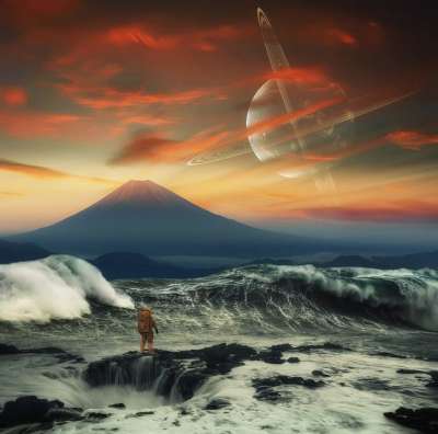宇宙 幻想 海 海浪 行星 日落