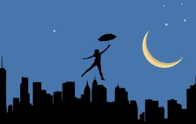 女士 漂浮的 城市 雨伞 夜晚 达到 梦想 灵感 城市景观