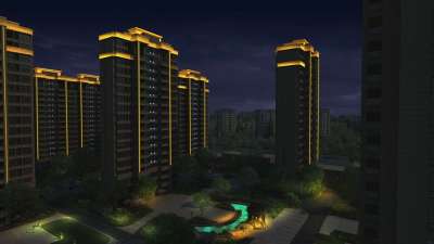 小区夜景 灯光效果 美丽小区 小区 效果图 楼房效果 城市 3D