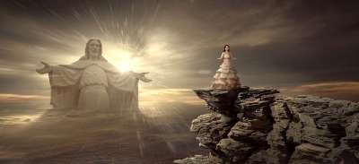 幻想 精神 耶稣 雕像 女士 岩石 天堂 云 光 太阳 闪耀