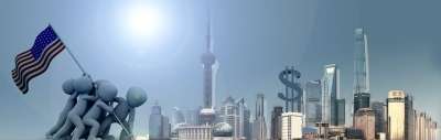 横幅 标头 美国 旗帜 天际线 人们 美元 摩天大楼 城市